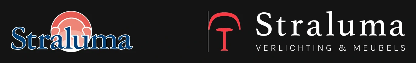 Oud en nieuw logo van Straluma naast elkaar, met links het klassieke logo en rechts het moderne logo met toevoeging ‘Verlichting & Meubels’