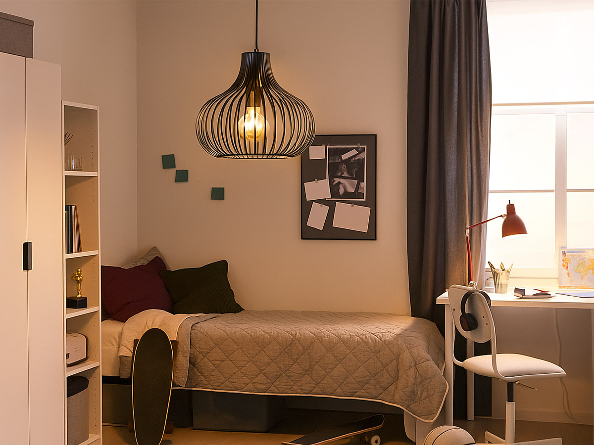 Moderne zwarte hanglamp boven een knusse tienerkamer met bureau en bed – verlichting van Straluma.