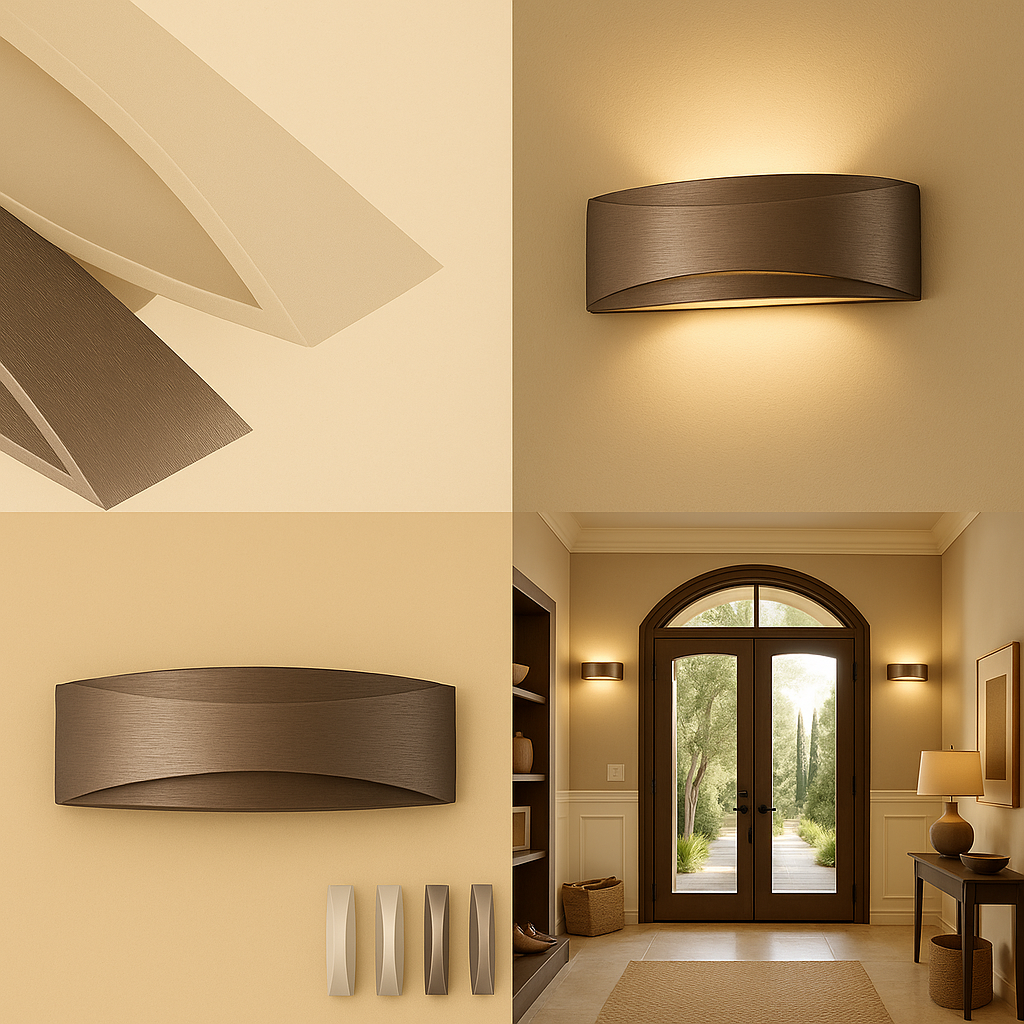 Straluma wandlamp in bronskleur met moderne gevouwen vorm en indirect LED-licht, toegepast in een stijlvolle hal met warme, sfeervolle verlichting.