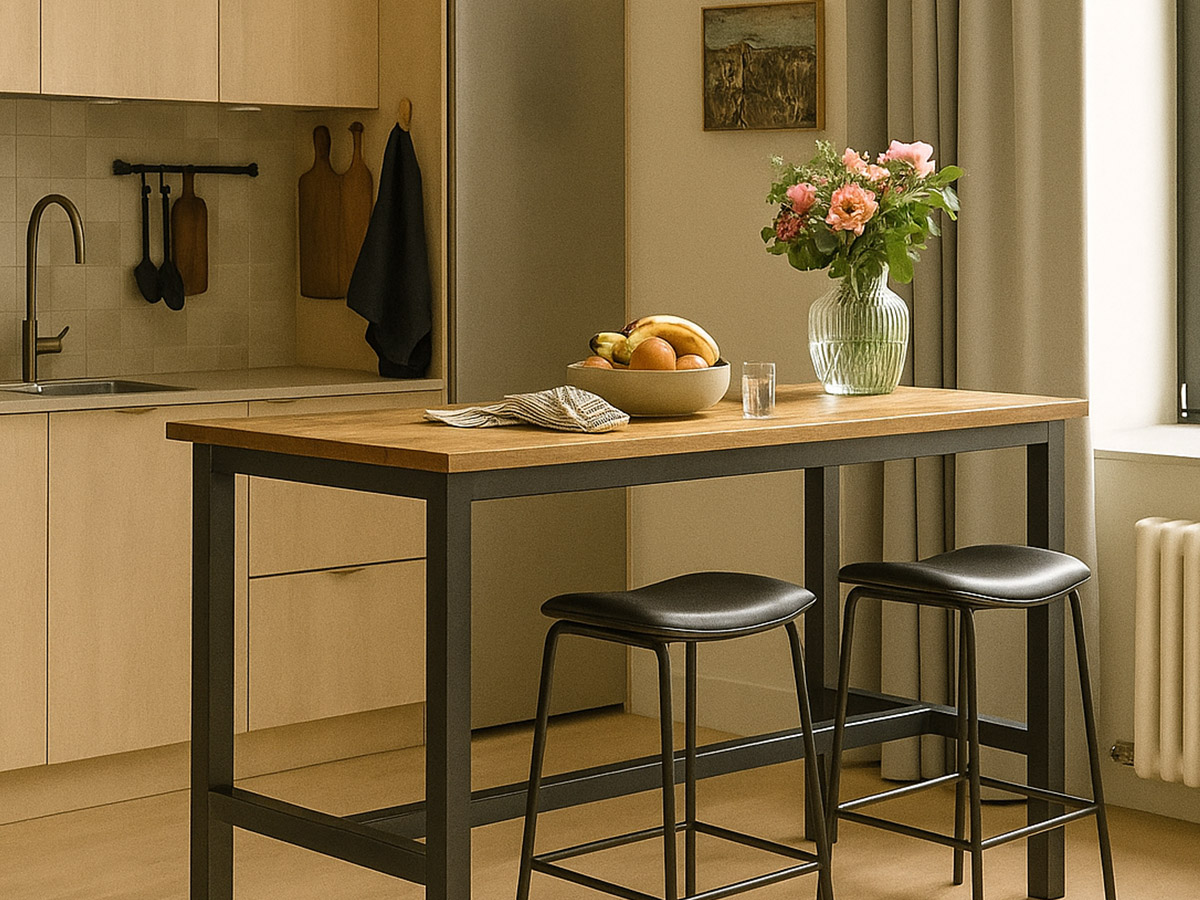 Bartafel met twee zwarte barkrukken in moderne keuken met houtaccenten