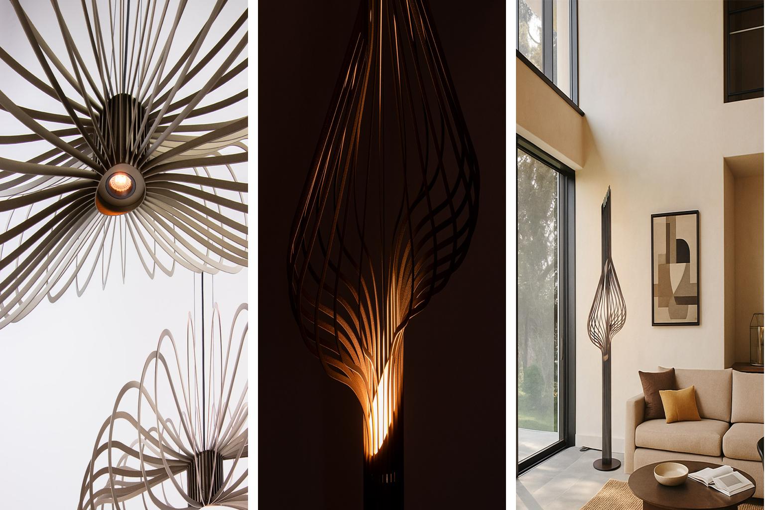 Collage van sculpturale designverlichting met organische lijnen: close-up van een waaier-achtige plafondlamp, een kunstzinnig verlichte staande lamp in het donker en een moderne woonkamer met dezelfde statement vloerlamp. Verlichtingstrends 2026 van Straluma.