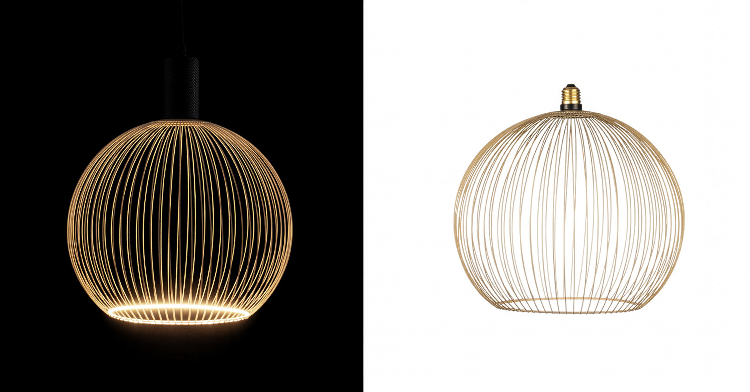 Segula Floating LED Filo Sand G180 2200K 5W lichtbron, links weergegeven met warme sfeerverlichting tegen een zwarte achtergrond en rechts als productfoto op witte achtergrond. Luxe decoratieve LED-lamp verkrijgbaar bij Straluma. Verlichtingstrends 2026.